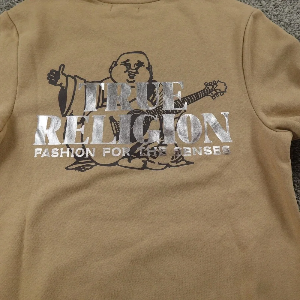 NEW True Religion Sweatshirt Mens S‎ Beige Buddha Logo Pullover Crewneck Sweater